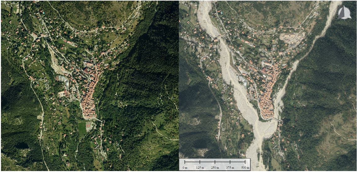 Le Boréon à sa confluence avec la Vésubie en 2014 (gauche) et en 2020 post-Alex (droite).